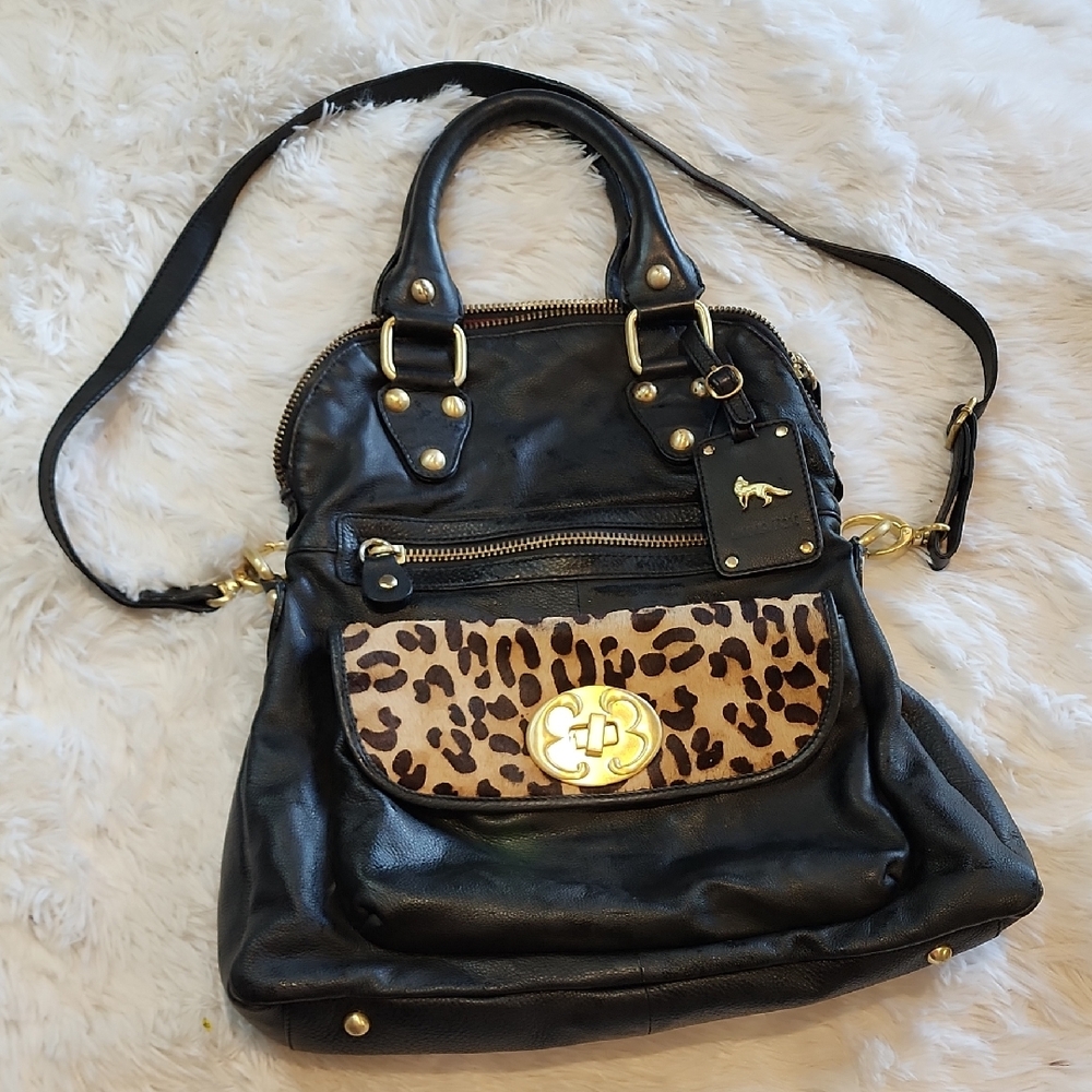 Emna Fox GENUINE Leather Black and Leopard Print Women's Bag
